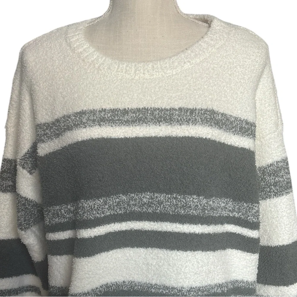 Barefoot Dreams Cozy Chic Marled Stripe Pullover in Agave Green/Pearl Large NWT